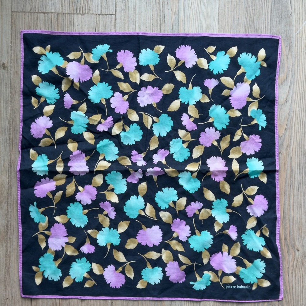 Vintage Balmain Floral Black Scarf with Teal & Lavender Flowers